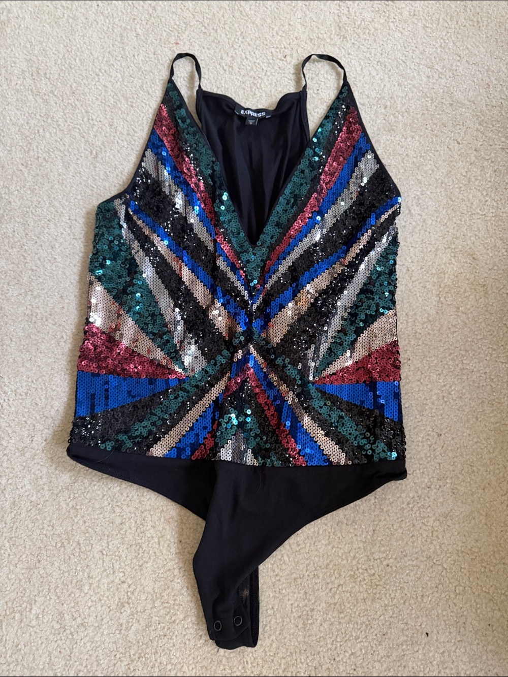 Express Multicolor Sequin V-Neck Bodysuit — Black, Blue, Green, Red, Silver